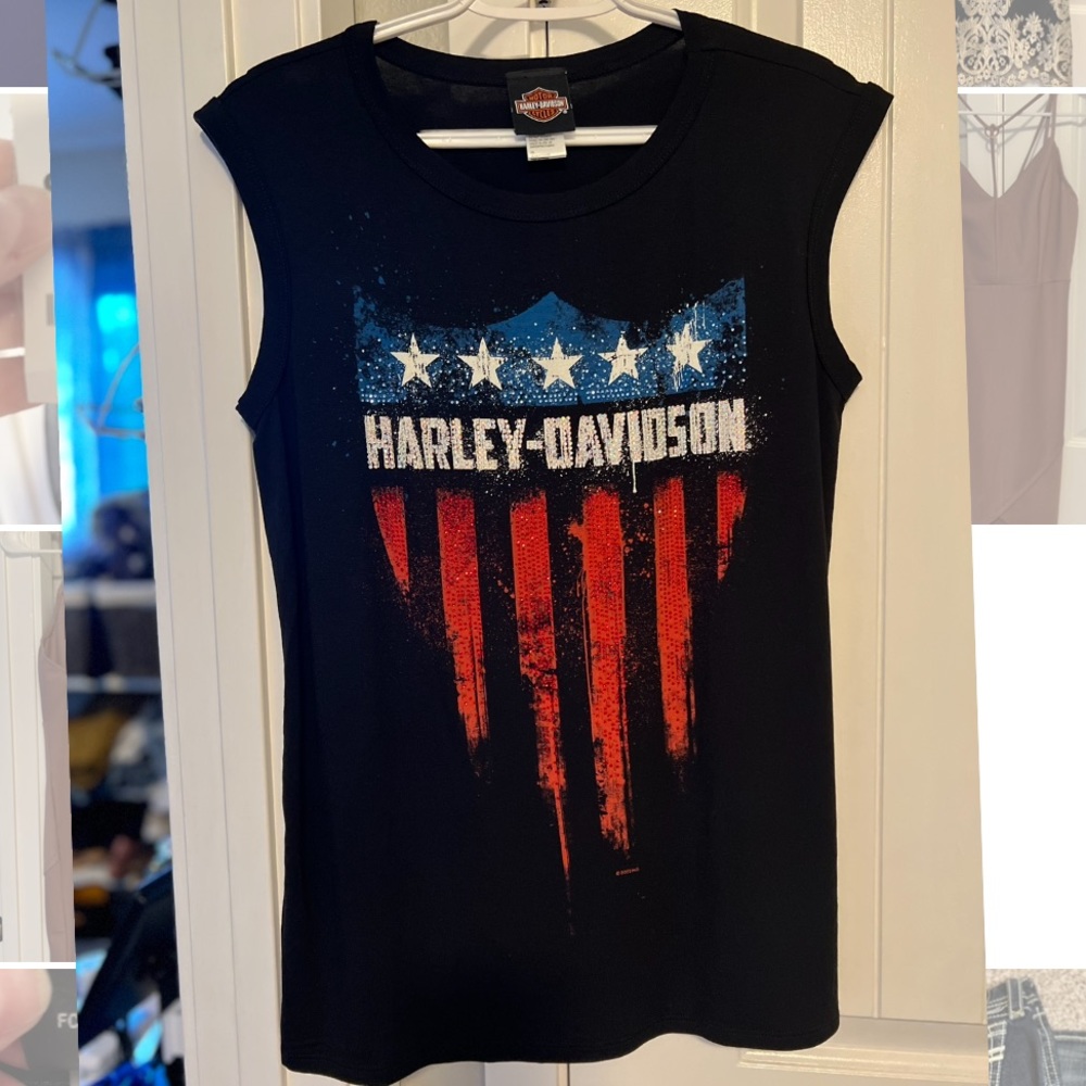 Harley Davidson Red White & Blue bedazzled Top size Large NWOT